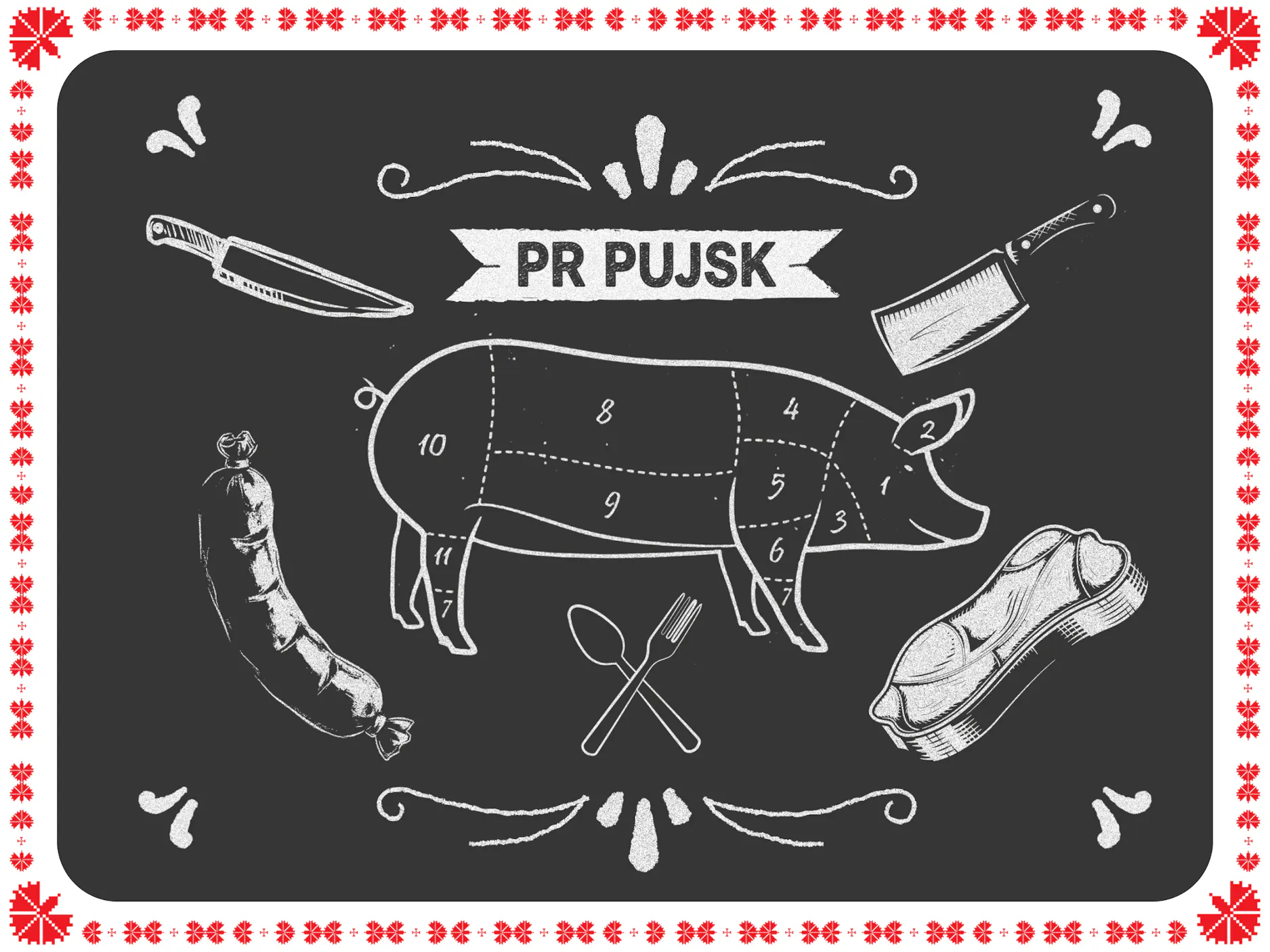 Ilustracija prašiča, pribora in mesa